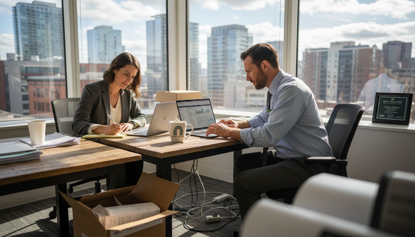Two coworkers planning automation in sunny corner office