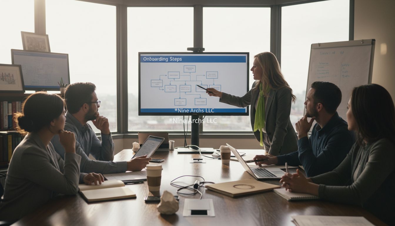 Mixed team reviewing onboarding steps in office