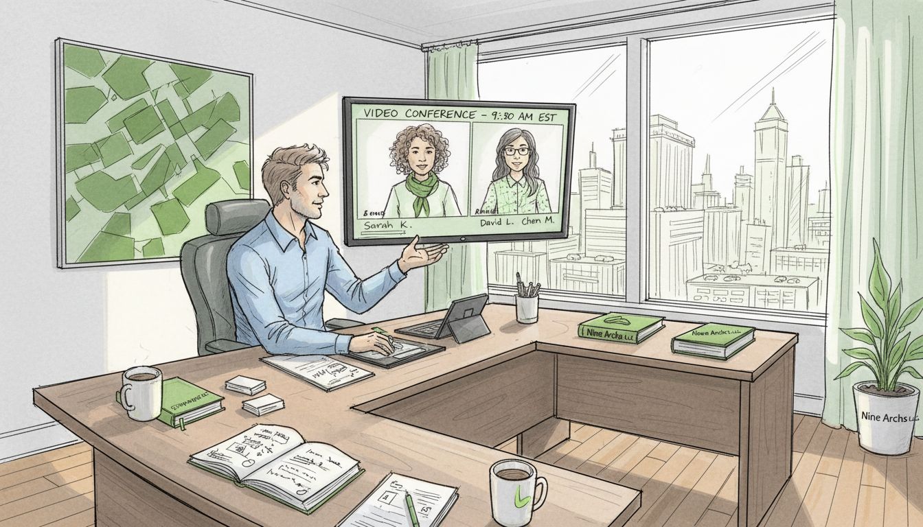 Remote team video meeting in corner office