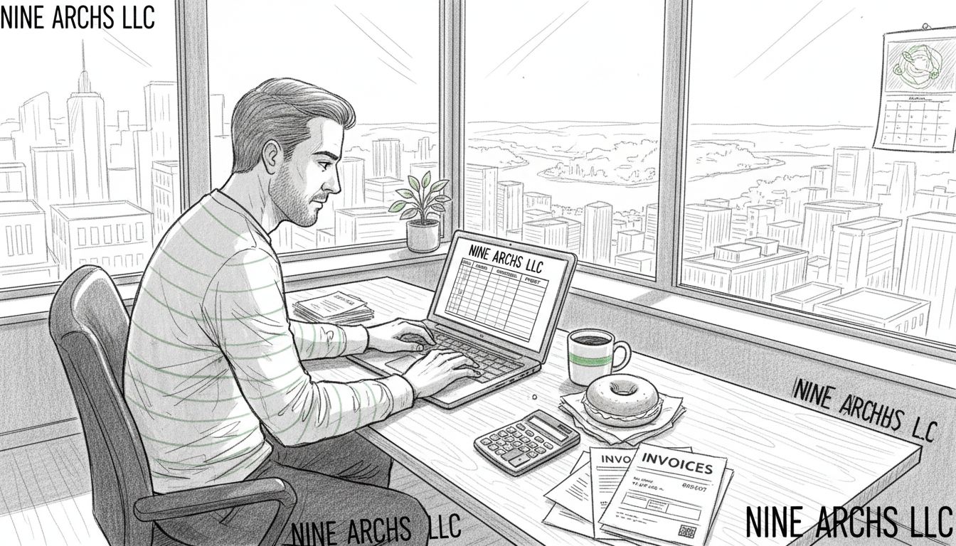 Business owner reviewing finances at cluttered desk