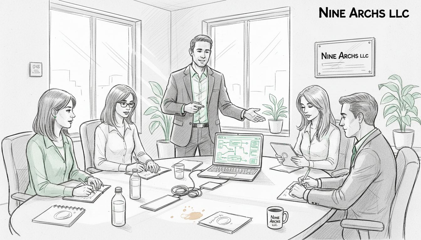Business team reviewing automation dashboard together