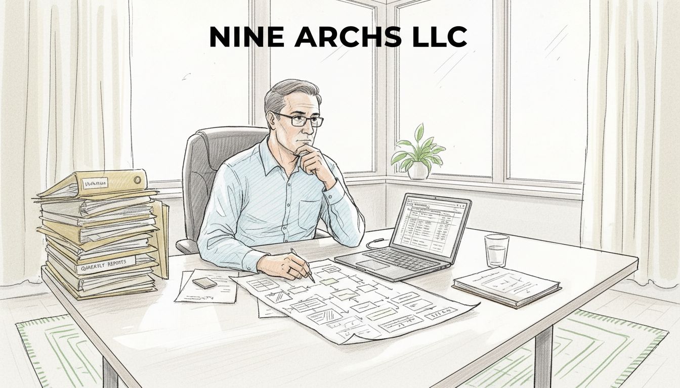 Manager reviewing printed workflow in busy office