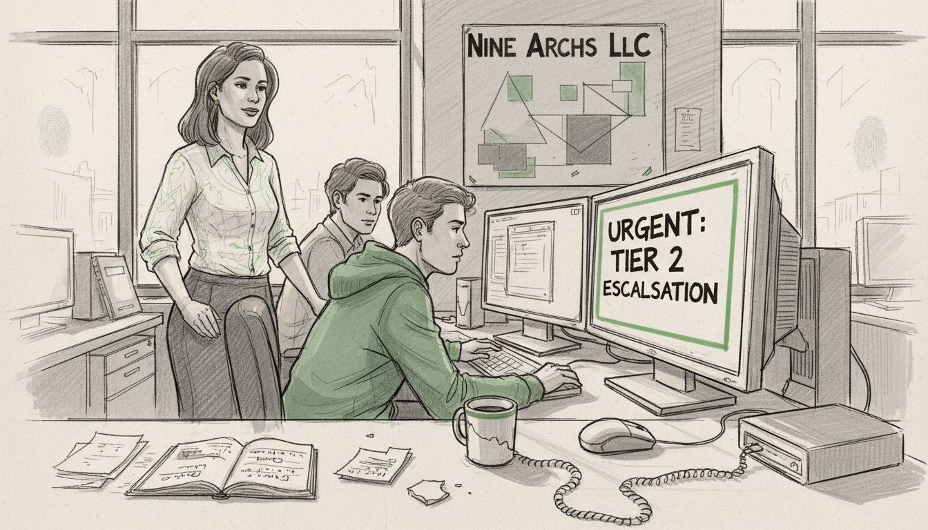 Help desk supervisor reviews escalation with team