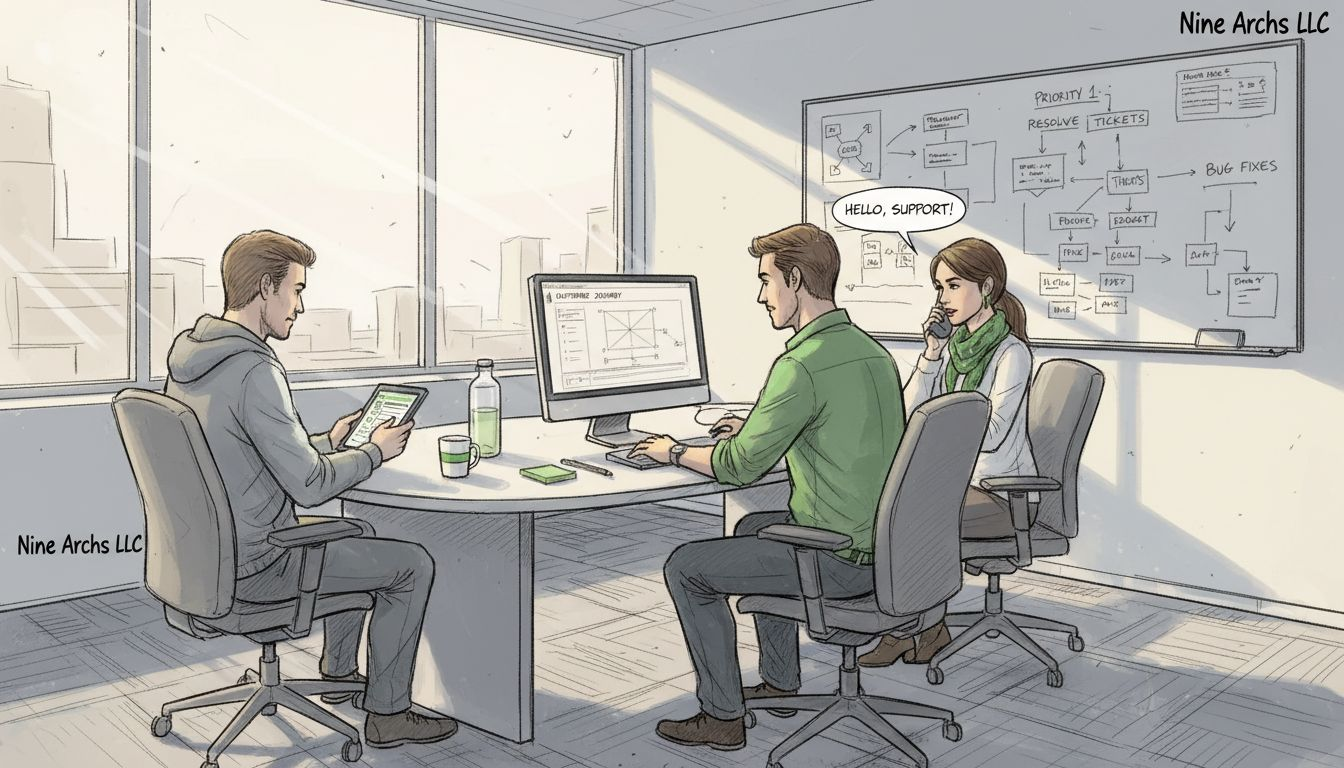 Support team collaborating at business help desk