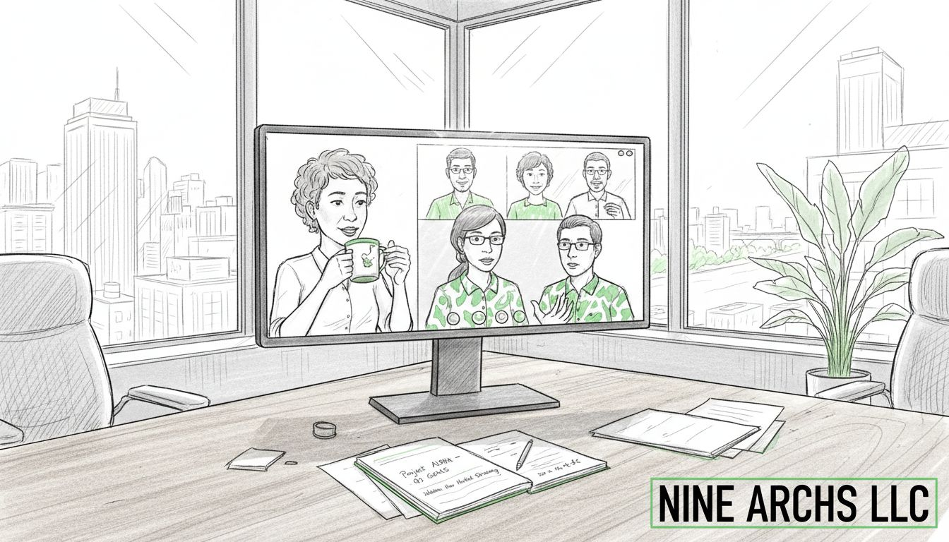 Hybrid team video call in city office