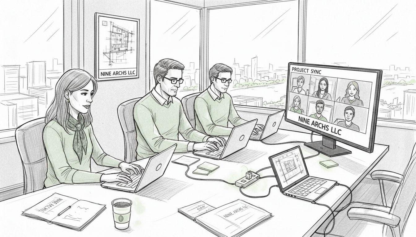 Team video conferencing in bright corner office