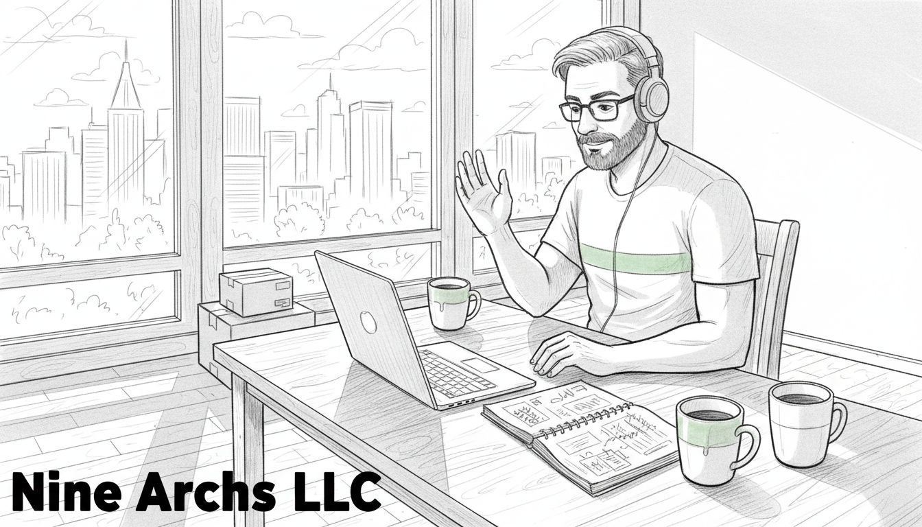 Tech worker on laptop in home office with city view