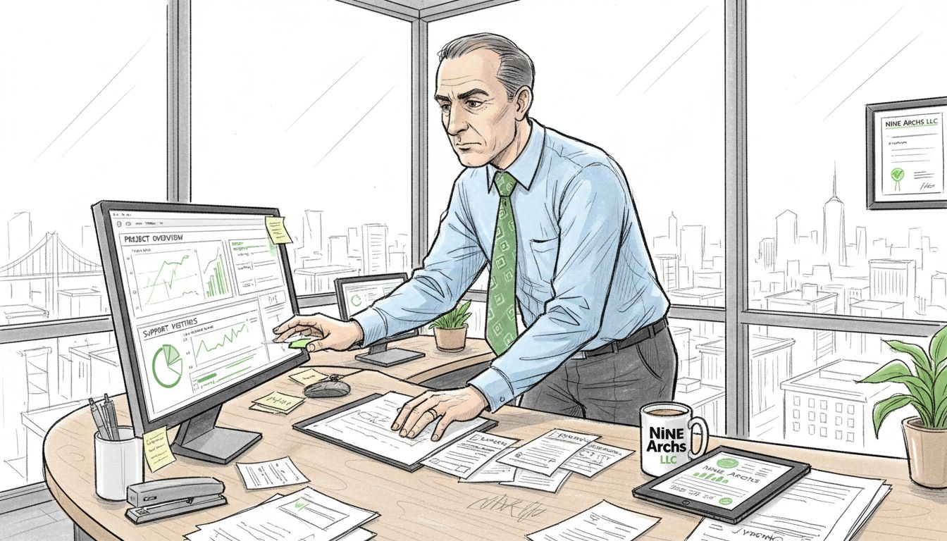 Manager reviewing support desk metrics at office