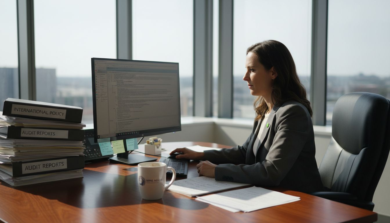 Compliance manager reviewing global regulations