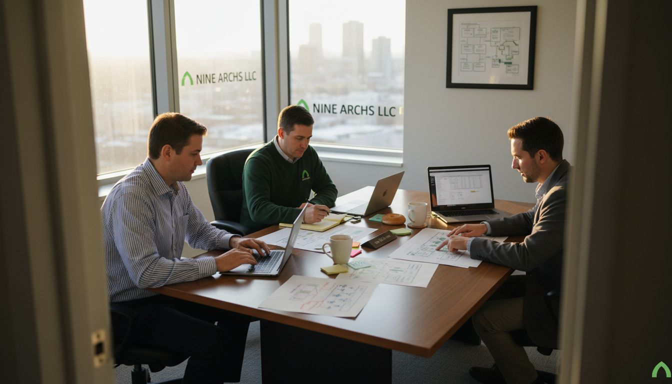 Team discussing workflow charts in office