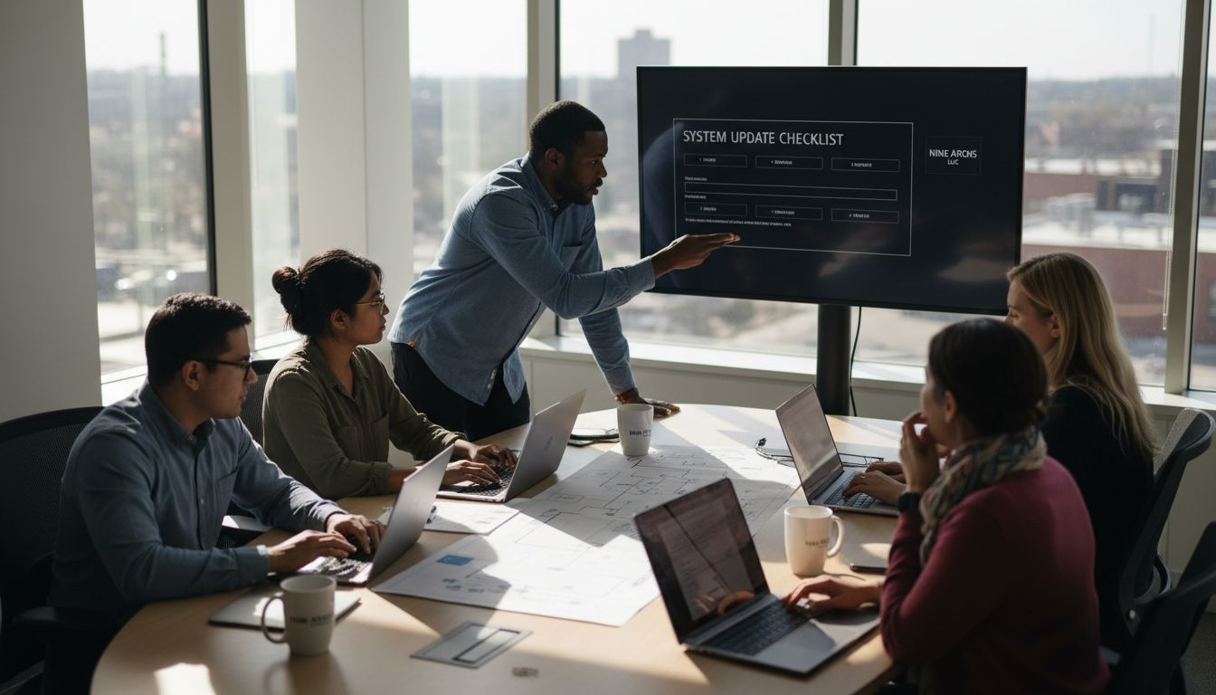 Tech team planning SOPs in bright office