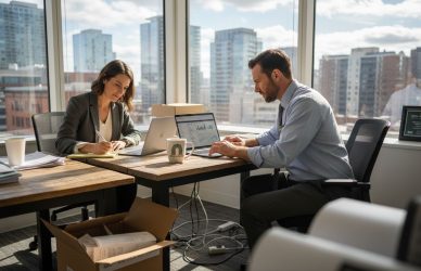 Two coworkers planning automation in sunny corner office