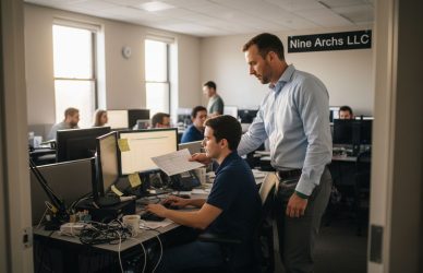 IT manager delegating support tasks in bright office