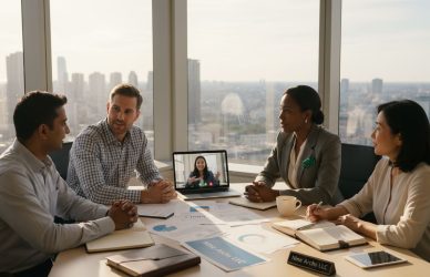 Business team video call with overseas support