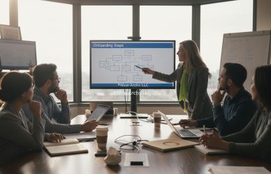 Mixed team reviewing onboarding steps in office