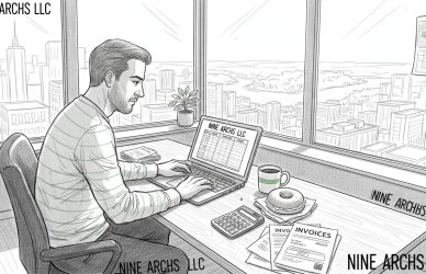 Business owner reviewing finances at cluttered desk