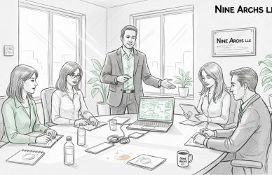 Business team reviewing automation dashboard together