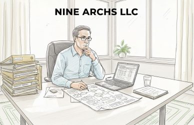 Manager reviewing printed workflow in busy office