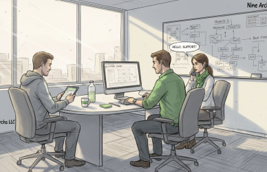 Support team collaborating at business help desk