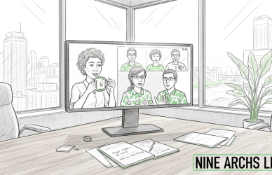 Hybrid team video call in city office