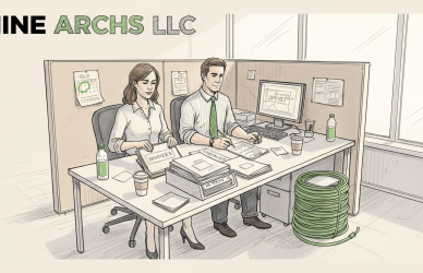 Professionals handling office paperwork in bright workspace