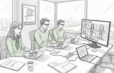 Team video conferencing in bright corner office