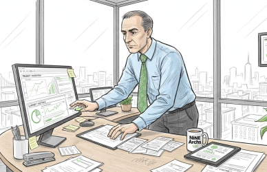 Manager reviewing support desk metrics at office