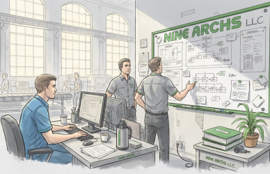 Support desk workers in busy factory office