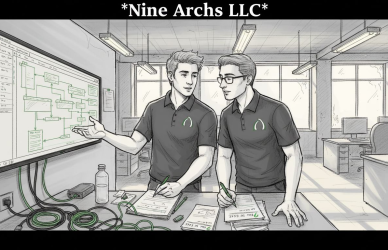 IT team collaborating in open-plan workspace