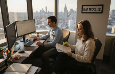 Team using automation in corner office workspace