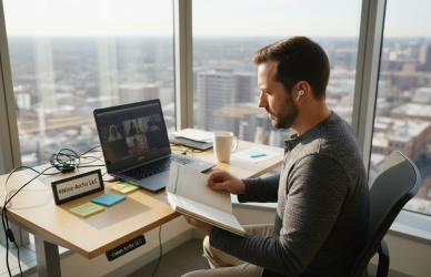 Virtual assistant working in bright tech office