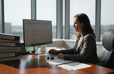 Compliance manager reviewing global regulations