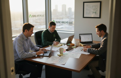 Team discussing workflow charts in office