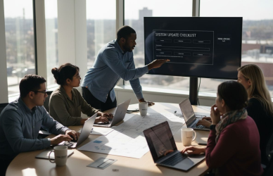 Tech team planning SOPs in bright office