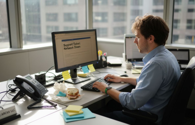 IT technician handling support tickets at desk